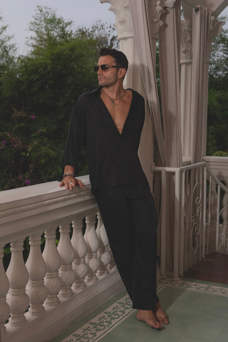 Silk-effect black shirt and pants set – Armè NOIR SET
